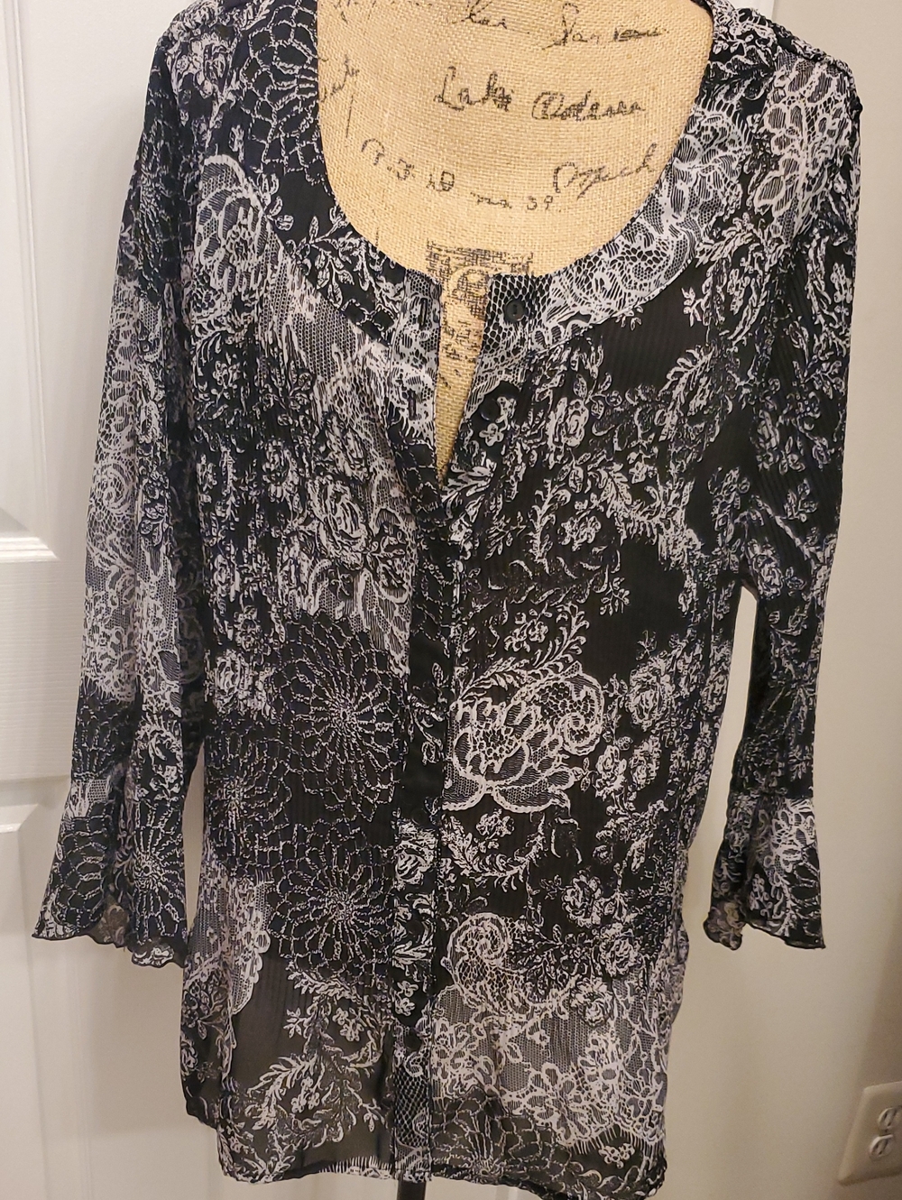 Semi-Sheer Black & White Floral Button-Front Blouse
